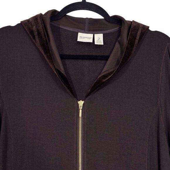Chicos Zenergy Retreat Velvet Trim Jacket Hooded Espresso Brown Size 2 Large Zip - Picture 6 of 14